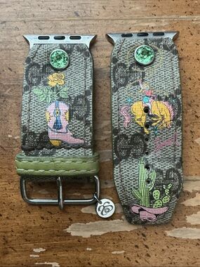 Authentic Spark*l retro cowgirl on upcycled brown webbed GG Apple Watch band 45m